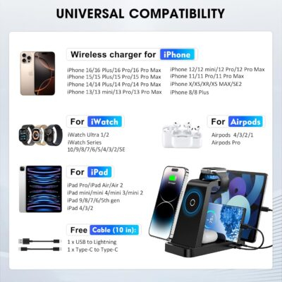 Wireless Charger for iPhone - 5 in 1 Charging Station for Multiple Devices Apple: Fast Wireless Charging Stand Dock for iPhone 16e 16 15 14 13 12 Pro Max Apple Watch Airpods - 이미지 3