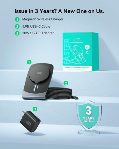 INIU Magnetic Wireless Charger Stand, Qi2 Certified 15W Mag Safe Charging Station with 23-Blade Cooling Fan, Fast Charging Pad for iPhone 16 15 14 13 12 Series AirPods 4 3 Pro2 Pro (with Adapter) - 이미지 7