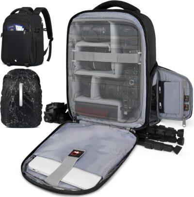RAINSMORE Camera Backpack Camera Bag for Photographers DSLR SLR Mirrorless Camera Cases with Waterproof Rain Cover & Laptop Compartment Fits 14 Inch Laptop,Anti Theft Travel photography backpack,Black