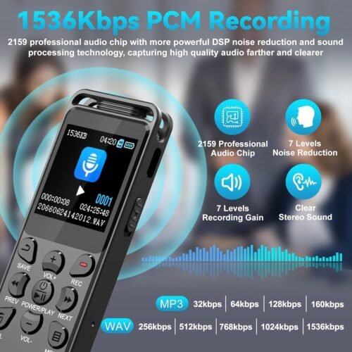 144GB Digital Voice Recorder with Playback, Volorful 1536Kbps Audio Recorder for Interviews Meetings, Voice Activated Recorder Recording Device with Noise Reduction, MP3 Stereo Player, Microphone - 이미지 3