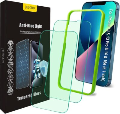 Blue Light Screen Protector for iPhone 16e iPhone 13 iPhone 13 Pro & iPhone 14 (6.1inch), Eye Protection Tempered Glass Film, Scratch-Resistant, No Bubble with Easy Installation Kit, 2 Pack