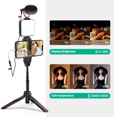 Smartphone Video Vlogging Kit with LED Light, Phone Holder, Microphone, Tripod, Carry Bag, TECELKS YouTube Starter Kit for iPhone/Android, Content Creator Kit for Video Recording Vlogging(Black) - 이미지 3