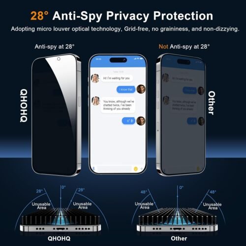 QHOHQ for iPhone 16 Pro Max Privacy Screen Protector + Camera Lens Protector, [Military Grade Shatterproof], Top 9H+ Anti Spy Glass, Full Edge Coverage, Ultra Durable,with Installation Tool [3+3 Pack] - 이미지 2