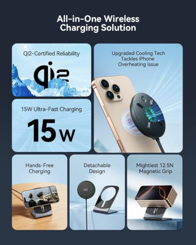 INIU Magnetic Wireless Charger Stand, Qi2 Certified 15W Mag Safe Charging Station with 23-Blade Cooling Fan, Fast Charging Pad for iPhone 16 15 14 13 12 Series AirPods 4 3 Pro2 Pro (with Adapter) - 이미지 3