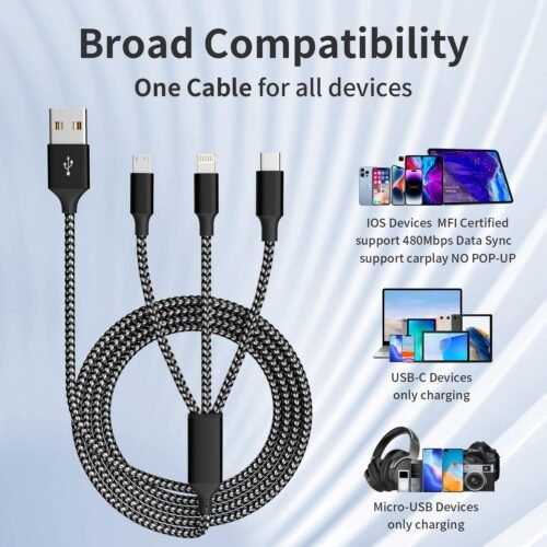 Multi Charging Cable,(2Pack 4FT) 3 in 1 Charging Cable for Multiple Devices, Nylon Braided Universal Charger Phone Charger Cord with Type-C,Micro USB,IP Port for iPhone16/15 Series/Phone&Pad - 이미지 6
