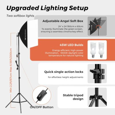 VK40 Professional Photography Lighting Kit with 9.8x9.8ft Green Backdrop with Stand, 24" Softbox Kit, 19" Pannel Light with Remote Control, Studio Equipment for Video Shoot/Photography - 이미지 3