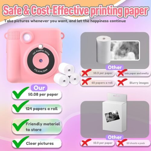 Instant Print Camera for Kids, Christmas Birthday Gifts Girls Boys Age 3-12, HD Digital Video Cameras Toddler, Portable Toy 3 4 5 6 7 8 9 10 Year Old Girl with 32GB SD Card-Pink - 이미지 5