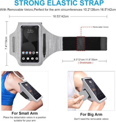 GUZACK Running Armband Case for iPhone 16/15/14/13/12/11 Pro Max, Galaxy S25/S24/S23/S22, Universal Cell Phone Arm Holder with Key Pocket & Card Slot, Gray - 이미지 5