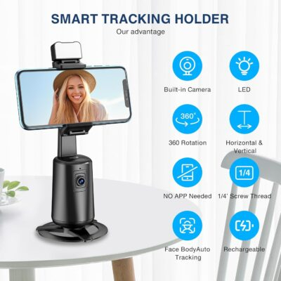 Auto Face Tracking Tripod 360° Rotating Auto Tracking Phone Stand, No App, Phone Camera Stand with Remote and Gesture Control, Rechargeable Smart Shooting Stand for Live Video Recording Tiktok（Black） - 이미지 2