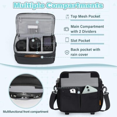 RAINSMORE Camera Bag for DSLR SLR Mirrorless Camera,Small Camera Sling Bag for Photographers Waterproof Camera Case with Tripod Holder Compact Camera Bag Crossbody with Rain Cover Black - 이미지 3