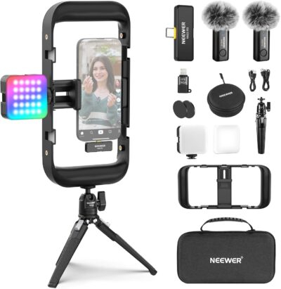 NEEWER Vlogging Kit for Phone with RGB LED Light/Lavalier Wireless Microphone System/Mini Table Tripod/Phone Cage Video Rig, Content Creator Essentials for iPhone Android Podcast YouTube, PA049
