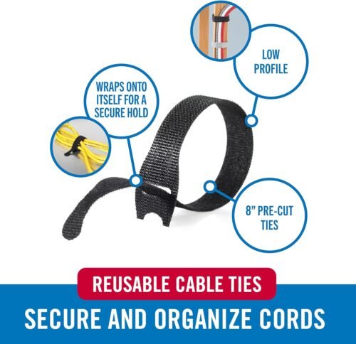 VELCRO Brand ONE-WRAP Cable Ties, 100Pk, 8 x 1/2" Black Cord Organization Straps, Thin Pre-Cut Design, Wire Management for Organizing Home, Office and Data Centers - 이미지 2