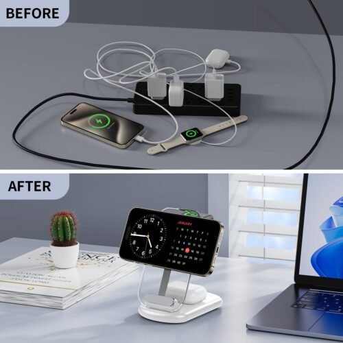 2025 Magnetic Wireless Mag-Safe Charger Stand,3 in 1 Charger with Light for iPhone 16 15 14 13 12 Pro Max Plus,Charging Pad for Apple Watch Series & Air pods 4 3 2 Pro(White) - 이미지 6