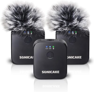 SONICAKE Wireless Lavalier Microphone 2.4GHz 164 ft/50M Range 10 Hrs, Dual Wireless Mic System(2 TX + 1 RX) for iPhone/Android/DSLR Camera/Camcorder,Vlog,Podcast,Live Streaming,Recording,Interview