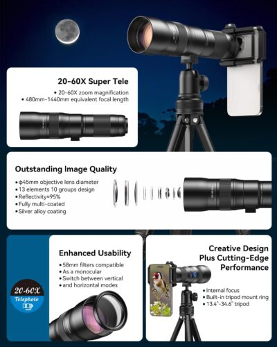 Evil Eye 20-60X Zoom Telephoto Lens, High Power HD Telephoto Phone Lens with Tripod and Universal Phone Clip for iPhone 16/15/14/13 Series, Samsung, Android Phone and Most Smartphone - 이미지 6