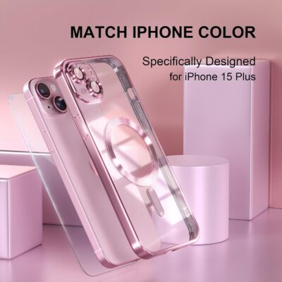 Misea Magnetic for iPhone 15 Plus Case Compatible with MagSafe [Never Yellowing] [Military Grade Drop Protection] Full Camera Lens Protector Plating Soft Clear Phone Case for Women Girls, Pink - 이미지 7