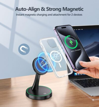 Magnetic Wireless Charger Stand 15W Fast Mag-Safe Charger for iPhone 16/16 Pro/16 Plus/16 Pro Max/15/14/13/12 Series Magnet Wireless Charging Station/Pad with Sleep-Friendly Light for AirPods - 이미지 6