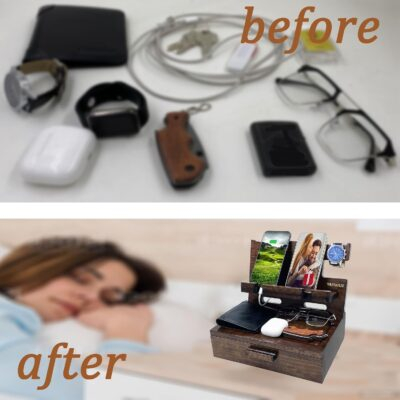 Gifts for Men Women Husband Son Boyfriend Him Nightstand Organizer Wood Phone Docking Station Birthday Gifts (Walnut) - 이미지 7
