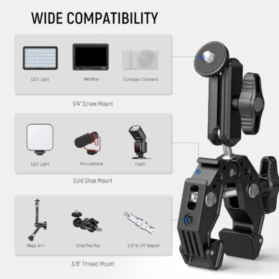 NEEWER Super Clamp with 3" Dual Ballhead Magic Arm, Cold Shoe, 1/4" Threads, Phone/Action Camera Mount Adapter for Desk Tripod Tube Crossbar Gimbal Rods Compatible with SmallRig GoPro DJI, ST83 - 이미지 6