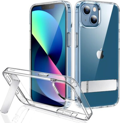 JETech Kickstand Case for iPhone 13, 6.1-Inch, Support Wireless Charging, Slim Shockproof Bumper Phone Cover, 3-Way Metal Stand (Clear)