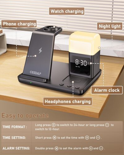 6 in 1 Wireless Charging Station for Apple Charging Station for Multiple Devices with Alarm Clock and Night Light nightstand for iPhone 16 15 14 13 for Apple Watch - 이미지 8