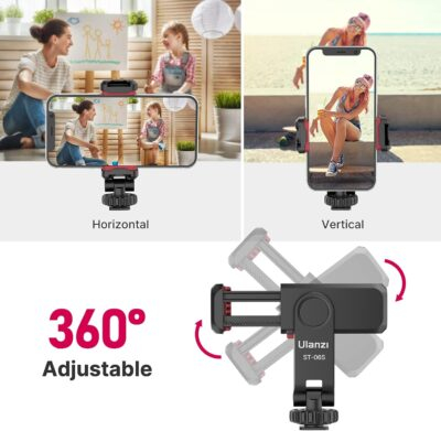 ULANZI Phone Tripod Mount ST-06S, New Universal Smartphone Mount Adapter with 2 Cold Shoe, 360° Rotates Adjustable Cell Phone Clip Clamp Holder, Compatible with iPhone, Samsung Galaxy and All Phones - 이미지 3