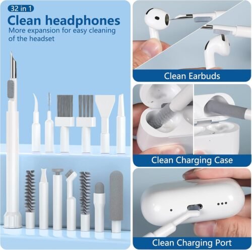 32-in-1 Phone cleaning kit with Charging Port Cleaner,Stylus Pen,SIM Tool,Keyboard brush,Speaker Brush,Electronic cleaning kit for iPhone,AirPods,Laptop,iPad,Keyboard,MacBook,Earbud,Camera Lens(White) - 이미지 3