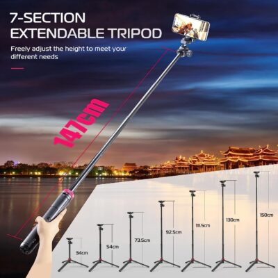 ULANZI MT-44 Extendable Phone Tripod, 59" Selfie Stick Vlog Stand with 2 in 1 Phone Clip, 360° Ball Head Camera-Tripod for iPhone Sony Canon Action Camera, Lightweight for Travel - 이미지 4
