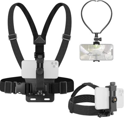 Phone Strap Mount Set,ChromLives Phone Chest Strap Mount +Phone Head Mount+Phone Neck Holder,3 in 1 Hands Free Phone Holder for Neck Head Chest Compatible with iPhone,Gopro Hero and More