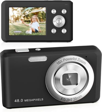 Digital Camera, FHD 1080P Compact Camera with 32GB Card，48MP Camera 2.4'' LCD 16X Digital Zoom for Kid Student Children Teen Girl Boy(Black)