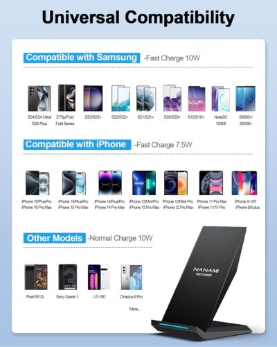 Fast Wireless Charger, [2 Pack] NANAMI Qi Certified Wireless Charging Stand Compatible iPhone 16/16 Pro/16 Pro Max/15/14/13/12/11 Pro, Phone Charger for Galaxy S25/S24/S23/S22/S21 and Qi-Enabled Phone - 이미지 2