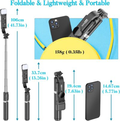 Portable 41 Inch Selfie Stick Phone Tripod with Wireless Remote Extendable Tripod Stand 360 Rotation Compatible with iPhone 14 13 12 11 pro Xs Max Xr X 8 7 6 Plus, Android Samsung Smartphone - 이미지 6