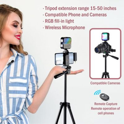 iPhone Vlogging Kit with Tripod, Wireless Microphone, RGB Fill-in Light, Remote for YouTube Content Creators - 이미지 2