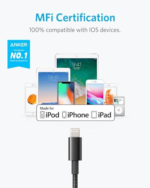 Anker USB A to Lightning Cable(6FT, 2Pack), MFi Certified Nylon USB to Lightning Cord for iPhone 14/13/12/11 Pro/11/XS MAX/XR/8/7/6s Plus Cable(Black) - 이미지 2