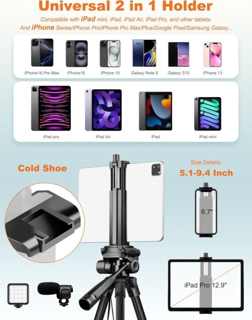 JOILCAN Phone Tripod Stand, 68" Tripod for iPad iPhone Tablet with Remote Universal Holder Carry Bag, Travel Aluminum Tripod for Video Recording Photos Vlogging Compatible with iPad Pro iPhone Camera - 이미지 6