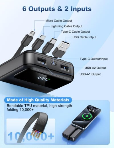 Portable Charger Power Bank 50000mAh Battery Pack, 22.5W Fast Charging PowerBank with Built in Cables,Travel Essential USB-C Portable Phone Charger for iPhone Samsung Pixel Android iPad - 이미지 2