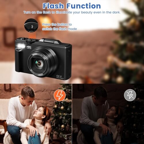4K Digital Camera for Photography with 3" 180°Flip Screen,64MP Vlogging Camera for YouTube, HD WiFi Compact Camera with Flash, 18X Digital Zoom, 32GB TF Card & 2 Batteries（Black） - 이미지 6
