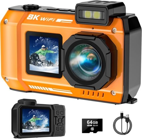 UHD 8K Underwater Camera, 70MP 33FT WiFi Waterproof Digital Camera with 64GB Card, Auto Focus Waterproof Dual-Screen Selfie 2500mAh Battery, 18X Floatable Digital for Snorkeling, Orange