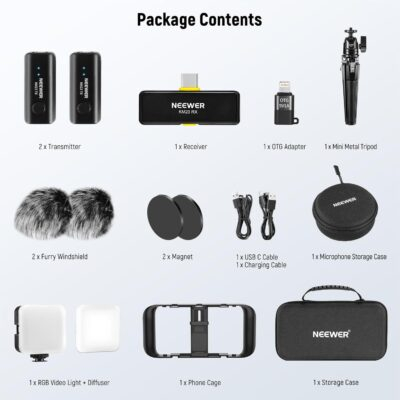 NEEWER Vlogging Kit for Phone with RGB LED Light/Lavalier Wireless Microphone System/Mini Table Tripod/Phone Cage Video Rig, Content Creator Essentials for iPhone Android Podcast YouTube, PA049 - 이미지 9