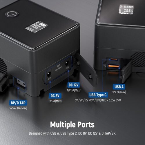 NEEWER PS099E Mini V Mount Battery, 6800mAh 99Wh 14.5V Mini V Lock Battery with D Tap Cable/BP/65W PD Type C/USB A/Dual DC/OLED Display for Video Camera Camcorder, Compatible with SmallRig BMPCC 4K 6K - 이미지 3