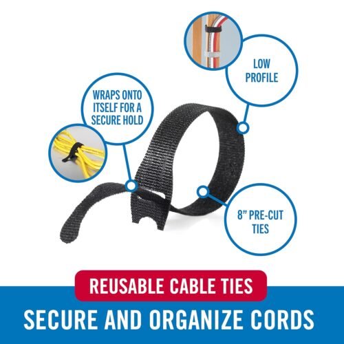 VELCRO Brand 150pk Cable Ties Value Pack | Replace Zip Ties with Reusable Straps, Reduce Waste | For Wire Management and Cord Organizer | 8 x 1/2" Thin Pre-Cut Design, Black and Gray - 이미지 2