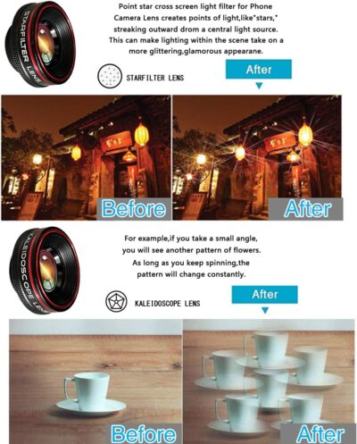 Phone Camera Lens Kit 10 in 1 for iPhone Samsung Pixel Android, 22X Telephoto Lens, 0.62X Super Wide Angle Lens&25X Macro Lens, 235° Fisheye,Kaleidoscopes, Starlight，Tripod，for Most Smartphone Black - 이미지 4
