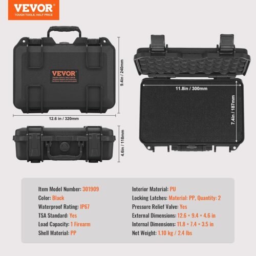 VEVOR Hard Pistol Cases with Pre-cut PU Foam, Waterproof & Dustproof Hard Gun Case for 1 Pistol, 12.59×9.01×4.4 in Lockable Pistol Case, Black - 이미지 7