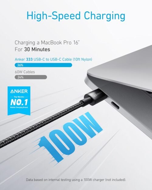 Anker USB C to USB C Cable, Type C Charging Cord Fast Charge(10FT,100W), for iPhone 16/16 pro, MacBook and More(USB 2.0,Black) - 이미지 2