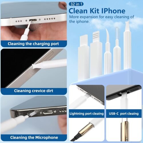 32-in-1 Phone cleaning kit with Charging Port Cleaner,Stylus Pen,SIM Tool,Keyboard brush,Speaker Brush,Electronic cleaning kit for iPhone,AirPods,Laptop,iPad,Keyboard,MacBook,Earbud,Camera Lens(White) - 이미지 2