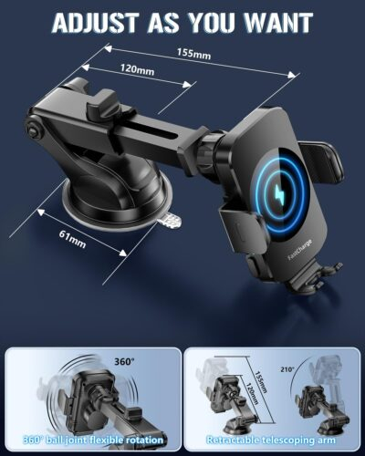 Wireless Car Charger, Fast Charging Phone Holder 3 in 1 Phone Mount Auto Clamping Car Accessories Compatible with iPhone 16 15 14 13 12 11 Xs XR, Samsung S23 Ultra S22 S21 S20/S10+ S9+ Note 9 - 이미지 5