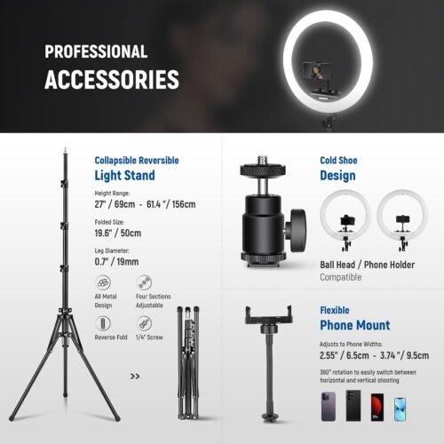 NEEWER Professional 18 Inch Ring Light with Tripod Stand Phone Holder Compatible with iPhone, 45W Remote Shutter App Control, Video Recording Makeup Selfie Studio Streaming Filming, RP18B Pro Black - 이미지 7