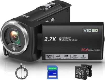 Camcorder Video Camera QHD 2.7K 50MP 16X Digital Zoom Vlogging Camera with LED Fill Light for YouTube, 2.8 Inch 270 Degree Rotation LCD Screen Camcorder with 32GB SD Card and Two Batteries