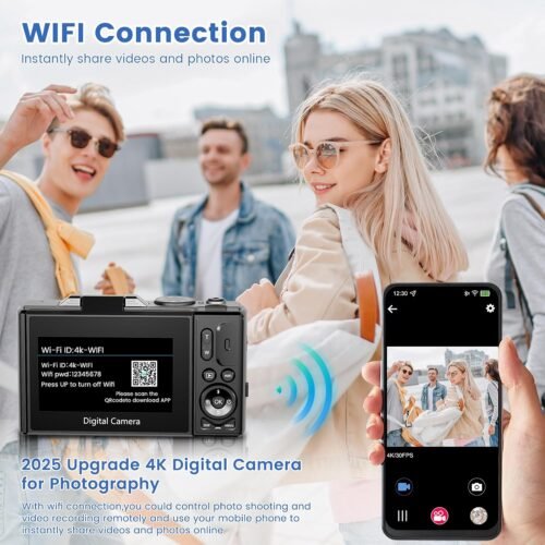 4K Digital Camera for Photography with 3" 180°Flip Screen,64MP Vlogging Camera for YouTube, HD WiFi Compact Camera with Flash, 18X Digital Zoom, 32GB TF Card & 2 Batteries（Black） - 이미지 5