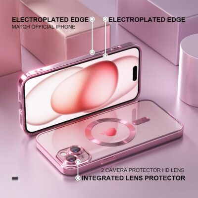 Misea Magnetic for iPhone 15 Plus Case Compatible with MagSafe [Never Yellowing] [Military Grade Drop Protection] Full Camera Lens Protector Plating Soft Clear Phone Case for Women Girls, Pink - 이미지 6